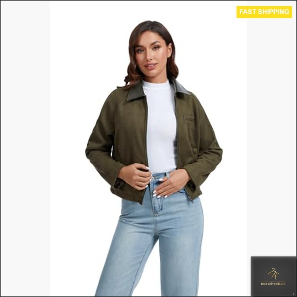 Faux Suede Cropped Bomber Jacket with Contrast Collar Zip Up Casual - Picture 3 of 7